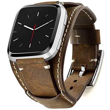 Imagem de Sjiangqiao Compatível com pulseiras Fitbit Versa/Versa 2/Versa Lite/Versa SE, pulseira de couro legítimo de 23 mm, pulseira de substituição, pulseira de punho, cinto, compatível com relógio Fitbit Versa para homens e mulheres, Coffee