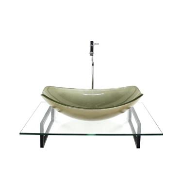 Imagem de KIT CUBA DE VIDRO OVAL CHANFRADA CHAMPANHE COM TAMPO 60CM INCOLOR E SUPORTE TORNEIRA VALVULA