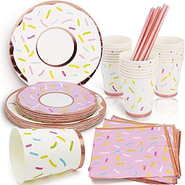 Imagem de LGSUNNY Pink Donut Party Supplies Girls Birthday Party Plates Cups Guardanapos Canudos para crianças, aniversário, chá de bebê, festa, tarde, chá de chá, decoração para 25