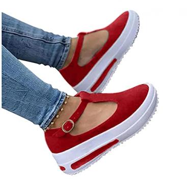 Imagem de Sandálias femininas casuais de verão, sandálias plataforma Peep Toe 2021, salto anabela, fivela no tornozelo, Z04-vermelho, 10