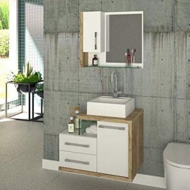 Imagem de Gabinete para Banheiro 1 Porta 2 Gavetas com Cuba Q35 e Espelheira Legno 650W Siena Móveis Branco/Carvalho