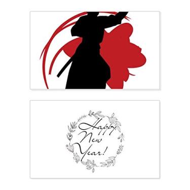 Imagem de Japan Asia Samurai Katana Sakura Parry Outline New Year Festival Cartões de felicitações Bless Message Present