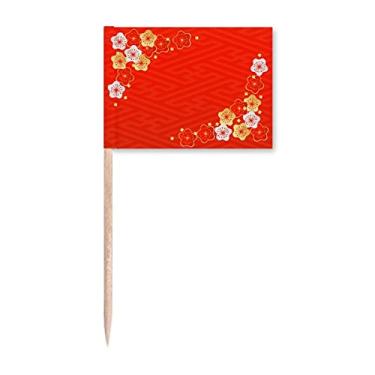 Imagem de Bandeiras de palito japonesas com padrão Sakura vermelho dourado para decoração de festa
