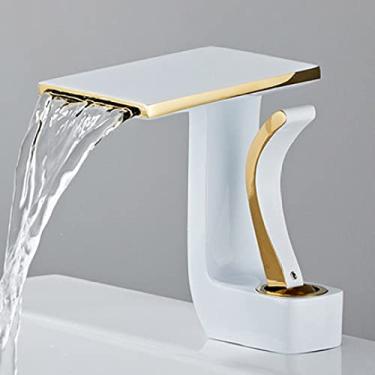 Imagem de Pia do banheiro torneira da bacia quadrada cachoeira quente água fria misturador torneira do lavatório bronze guindaste torneira de alça única, branco, ouro
