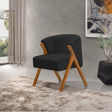 Imagem de Poltrona Luxo Moderna Luna Pés em Madeira Maciça Veludo Preto