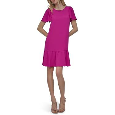 Imagem de DKNY Vestido feminino rodado de manga curta e bainha com babados, Rosa poderoso, 42