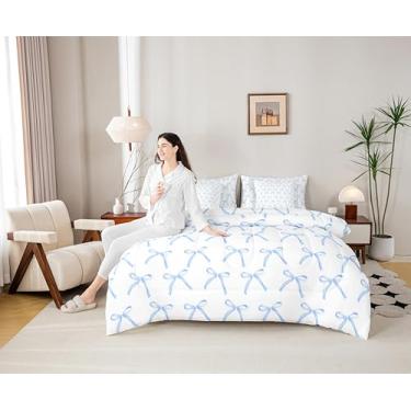 Imagem de Conjunto de cama com 7 peças de desenho animado com laço e laço tamanho Queen, laço geométrico, patchwork, desenho, azul, azul (edredom + lençol + 2 fronhas + 2 capas de travesseiro)