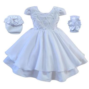 Imagem de Vestido Bebê Menina Meses Florzinha Batizado Com Kit Calcinha E Faixa 