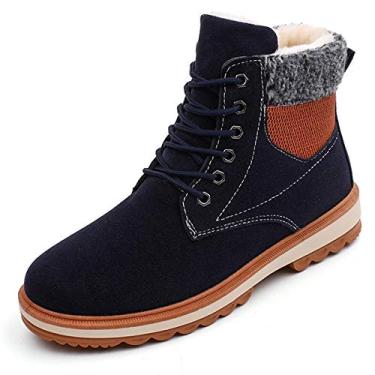 Imagem de Bigfanshu Botas de neve masculinas quentes de couro de camurça de inverno botas de neve impermeáveis para lazer inverno botas de trabalho sapatos moda masculina meio da panturrilha botas de neve sem cadarço e sem zíper, Azul, 38 BR G
