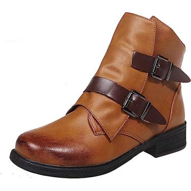 Imagem de Botas de cano curto femininas retrô com zíper lateral e salto baixo com fivela e tiras de combate botas de couro com bico redondo, Marrom, 37 BR
