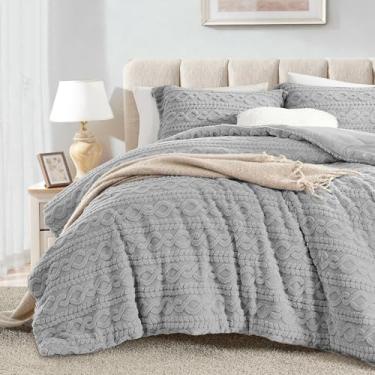 Imagem de Homelike Moment Conjunto de edredom fofo, tamanho casal, cinza, quente, de lã, para o inverno, 3 peças