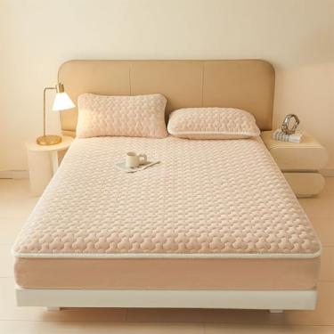 Imagem de Capa de colchão, acolchoado, de lã grossa, luxuosa, protetor de colchão de flanela de veludo, antiderrapante, cobertura total com elástico, macio, fofo, tamanho Queen, fácil de cuidar, cáqui, 150 x