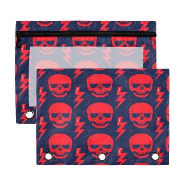 Imagem de Wassud Bolsa de lápis para fichário de 3 anéis, caveiras vermelhas, bolsas com zíper, serve para fichários padrão para escritório, pacote com 2