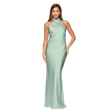 Imagem de Xscape Vestido feminino de cetim com gola redonda e comprimento até o chão, Sálvia, 48