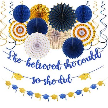 Imagem de Banner-Streamers de formatura de decorações de festa azul marinho dourado - 18 peças kits 2025 Parabéns Grad She Believed She Could So She Did Guirlanda, ventilador de pompons de papel de tecido,