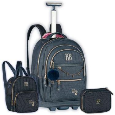 Imagem de Kit Mochila Rebecca Bonbon Rodas Lancheira Estojo Box Jeans Cor:Azul, 