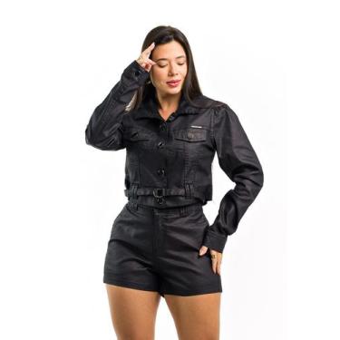 Imagem de Conjunto kit jaqueta e short jeans resinado premium tipo couro com ela