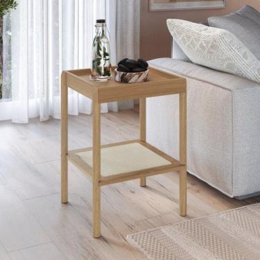 Imagem de Mesa Lateral Quadrada com Prateleira 43cm Palhinha Pé Madeira Oslo Beg