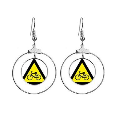 Imagem de Símbolo de aviso amarelo preto bicicleta triângulo brincos pendentes joia círculo gota