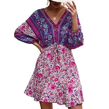 Imagem de Vestido Floral Com Decote Em V, Poliuretano ConfortáVel Vestido Feminino Estampa Floral Cintura Alta Cintura eláStica Alça Traseira Moda para a Vida diáRia (S)