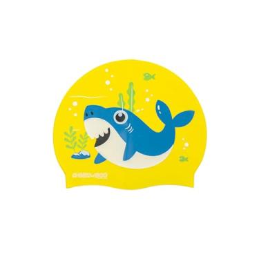 Imagem de Touca de natação infantil elástica protetora de silicone impermeável, 2-8 anos (amarelo/tubarão)