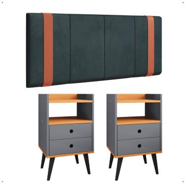 Imagem de Kit Quarto 2 Mesas Cabeceira Retrô Cinza/Cinamomo Gavetas Nicho Painel Suspenso Cama Box Casal 1,40 Suede - Lojas RPM