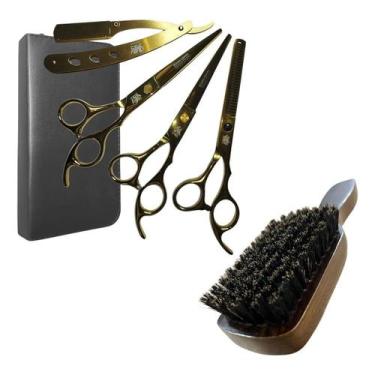 Imagem de Kit 3 Tesouras Barbeiro Profissionais + Escovinha Disfarce Degradê Ref