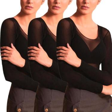 Imagem de Kit 3 Camisete Blusa Feminina Segunda Pele Manga Longa Decotada Fio 40