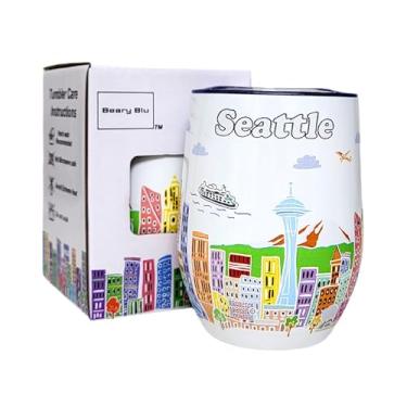 Imagem de Beary Blu City Themed Artwork Série de copos de 355 ml - Projetado nos EUA - Copo isolado a vácuo com tampas - Caneca de viagem de aço inoxidável para vinho e café, água, para bebida quente e fria
