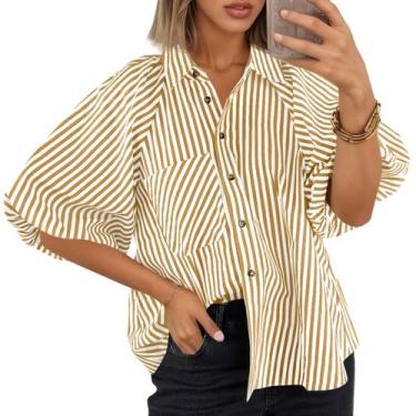 Imagem de Blusa feminina Tankaneo de manga curta com botões e listrada