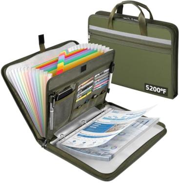 Imagem de Organizador de documentos à prova de fogo de 2,871 °C com 13 pastas expansíveis sanfonadas, fichário com zíper de folha de alumínio com 30 protetores de folha A4/letras, fichário para escola