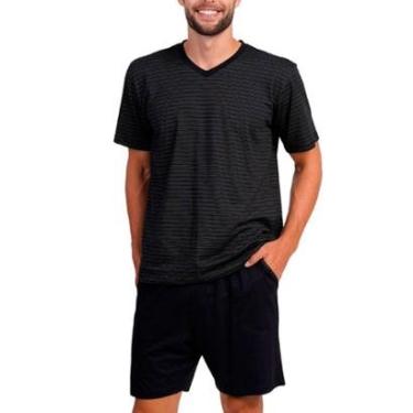 Imagem de Pijama Curto Podiun 268025 Masculino Com Bolsos Fio Tinto Listrado Algodão T. P/GG-Masc...
