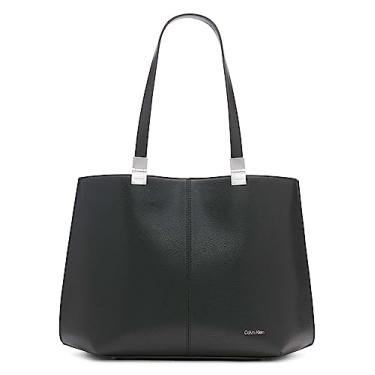 Imagem de Calvin Klein Bolsa feminina geométrica de granito – couro vegano, monograma, 3 bolsos, Preto/prata, One Size