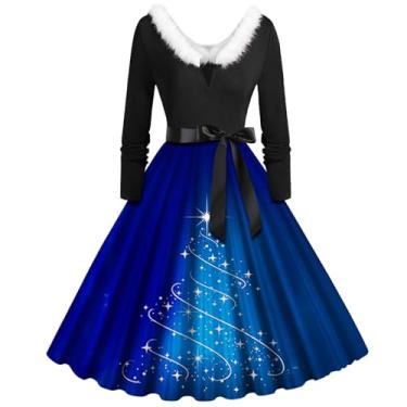 Imagem de Vestido feminino outono/inverno Natal estampado manga longa gola casual vestido justo, Azul, XXG