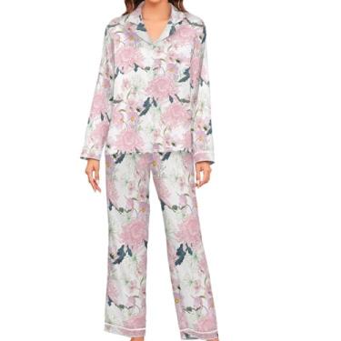Imagem de JUNZAN Pijama feminino de manga comprida com flores e crisântemo de cetim com botões, Crisântemo de flor, P