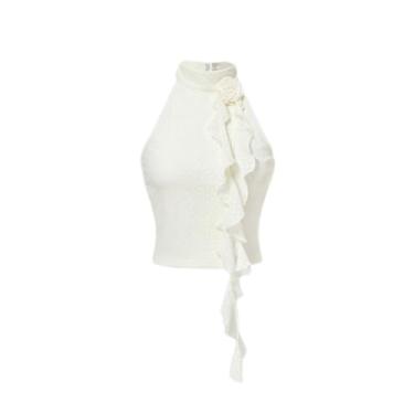 Imagem de BEAUDRM Camiseta regata feminina Y2K 3D com laço nas costas, costas nuas, casual, acabamento com babados, caimento justo, frente única, cropped, Damasco, G