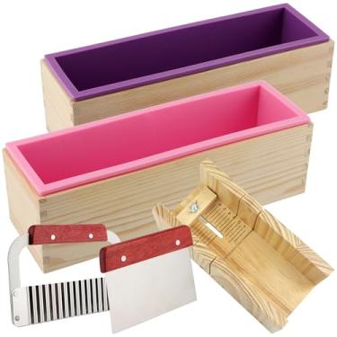 Imagem de ZOENHOU 7 peças de moldes de sabão de 1,2 l com fatiador ondulado de aço inoxidável e fatiador reto, barra de sabão retangular de silicone para fazer sabão kit de moldes com caixa de madeira conjunto