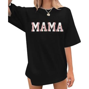 Imagem de Camiseta feminina de beisebol mamãe de beisebol grande camiseta de beisebol dia de jogo casual solta manga curta blusa top, Preto-2f, G