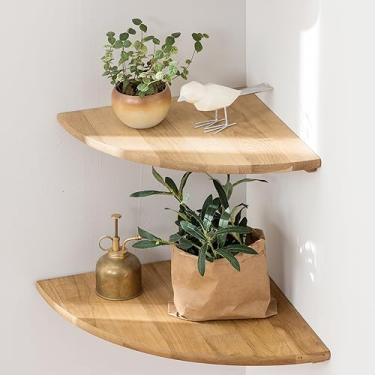 Imagem de Prateleiras de canto, prateleira de canto flutuante, conjunto de 2 prateleiras de parede de canto de madeira de carvalho maciço de 25 cm, prateleira de exibição de parede de extremidade redonda com