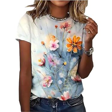 Imagem de Camiseta feminina floral com estampa de flores silvestres para amantes de plantas, flores vintage, manga curta, Azul - A, M