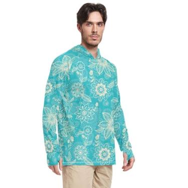 Imagem de Moletom masculino com capuz com proteção UV manga longa turquesa floral FPS 50 + camisetas masculinas com capuz Rash Guard UV, Floral turquesa, Medium