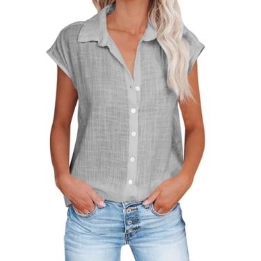 Imagem de Blusa feminina casual de linho para o verão 2024, gola V, manga cavada, com botões, cor sólida, túnica para escritório, Cinza, M
