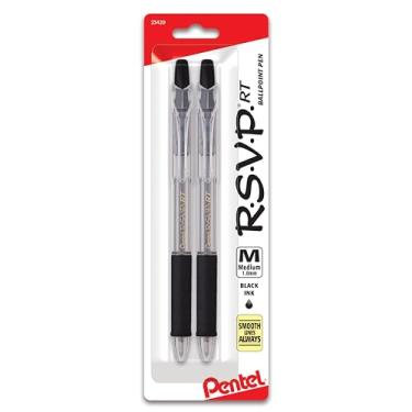 Imagem de Pentel Caneta esferográfica retrátil R.S.V.P. RT, linha média, tinta preta, pacote com 2 (BK93BP2A)