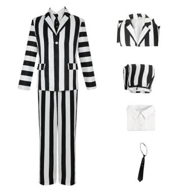 Imagem de Fantasia masculina de cosplay de suco de besouro preto e branco listrado terno de terror filme de terror fantasia fantasma assustador, tipo 1, 2GG