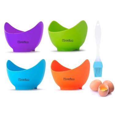 Imagem de Panela de ovos escalfados, copos de silicone para ovos pochê com suporte de anel, copo antiaderente para cozinhar ovos no micro-ondas ou no fogão, embalagem de presente, pacote com 4 (escova de óleo extra incluída)