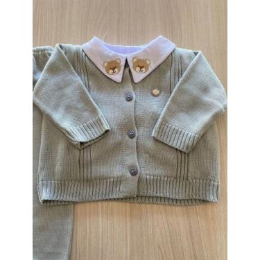 Imagem de Conjunto calça + casaco em tricot + body em algodão bordado de urso - 