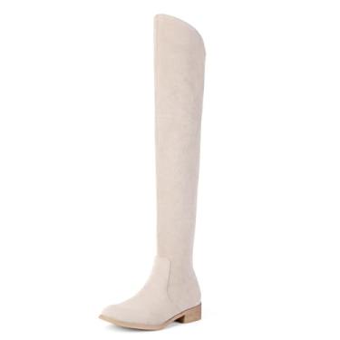 Imagem de Shoe'N Tale Botas femininas acima do joelho até a coxa salto bloco baixo bico fino botas longas elásticas, Bege, 35