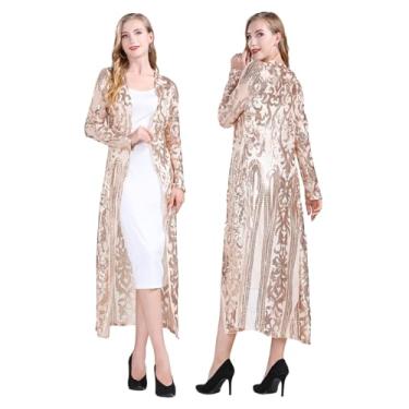 Imagem de Z&X Vestido cardigã feminino com lantejoulas brilhantes dos anos 20, solto, frente aberta, manga comprida, cardigã para festas noturnas, 05 damasco, 3G