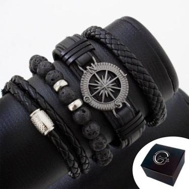 Imagem de KIT C/04 Pulseiras de Couro Masculina Bússola Grafite Pedras Vulcânica