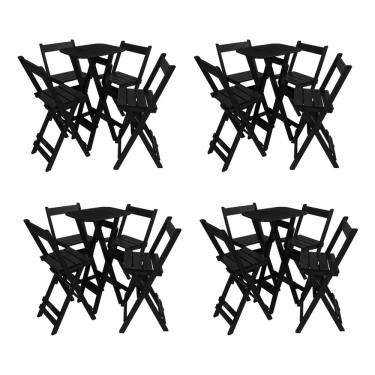 Imagem de Kit 4 Conjuntos Mesa Bistrô Bar Dobrável Com 4 Cadeiras Em Madeira Maciça - Preto